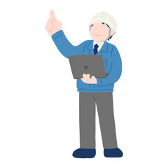 ノートパソコンを持ち上を指さすヘルメットをかぶりスーツに作業服を着た男性のフラットなイラスト
