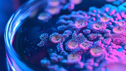 A detailed close-up reveals vibrant, complex structures of anaerobic bacteria flourishing in a petri dish under lab illumination.