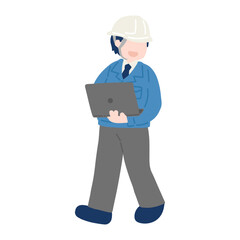 Obraz premium ノートパソコンを持ちながら横を覗くヘルメットをかぶりスーツに作業服を着た男性のフラットなイラスト 