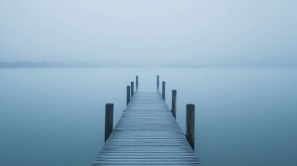 Serene Foggy Lake with Wooden Dock - Tranquil Landscape Photography