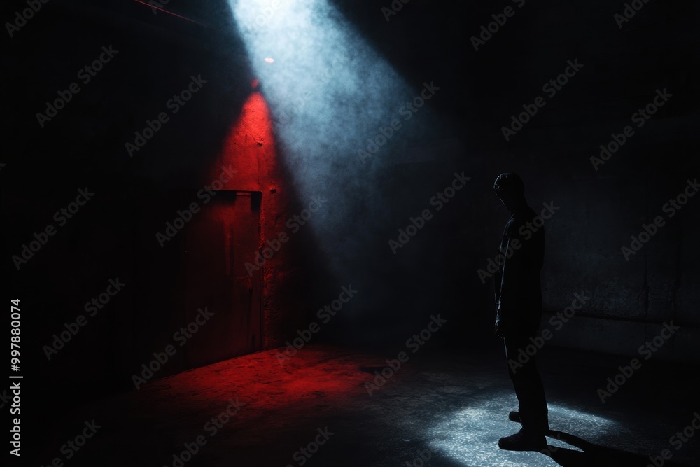 Poster a shadowy figure appears under a bright spotlight in a dark room filled with mist, creating an inten