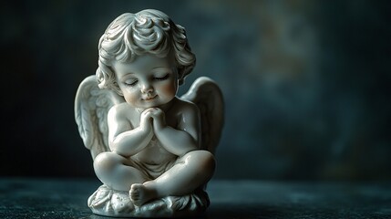 A softly glowing porcelain figurine of a cherubic child reveals exquisite details against a shadowy backdrop.
