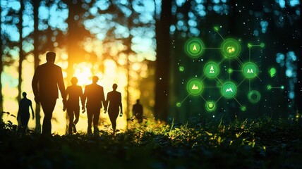 Fototapeta premium Sustainable Leadership: Business Team Journeying Through Forest with Eco Icons & Watercolor Accents