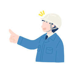 横を向いて指をさすヘルメットをかぶりスーツに作業服を着た男性のフラットなイラスト
