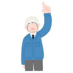 指をさしながら上を見るヘルメットをかぶりスーツに作業服を着た男性のフラットなイラスト
