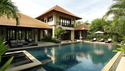 Fototapeta premium Luxury Villa with Private Pool and Lush Greenery
