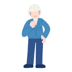 腰に手をあて横を指さしながら話すヘルメットをかぶりシャツに作業服を着た男性のフラットなイラスト
