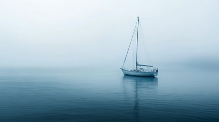 Fototapeta premium Sailboat in the Foggy Sea - A Serene Landscape