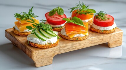 Assorted canapes with fresh herbs and cheese, arranged on a wooden board, cocktail appetizers