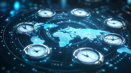 A 3D-rendered circle of floating, transparent clocks showing different global time zones, with a digital world map as the backdrop, soft blue and white tones. 3D rendering, Digital, Soft light