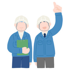 上を指さしながら見上げるヘルメットをかぶりスーツに作業服を着た男性2人のフラットなイラスト

