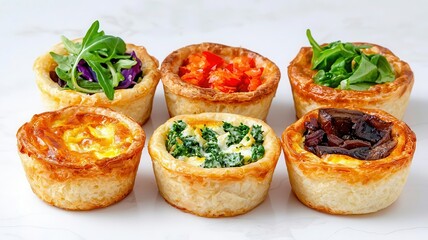 Mini quiches with various fillings, served hot with a side of salad, perfect cocktail finger foods