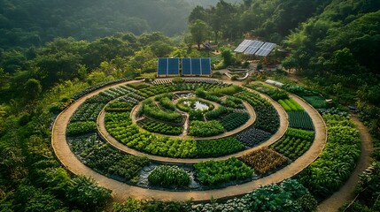 A bird's-eye view of a permaculture farm, showcasing a circular arrangement of crops with diverse plants, water channels, and solar panels in the background. Sustainability, Aerial, Futuristic
