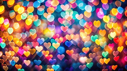 Eye level colorful bokeh with heart shaped lights background