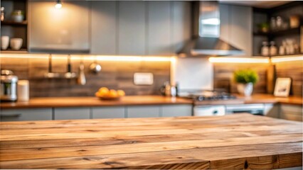 Empty wooden table in a modern kitchen, ideal for product display in a sleek and professional setting.