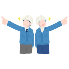 別の方向を向いて斜め上を指さすヘルメットをかぶりスーツに作業服を着た男性2人のフラットなイラスト
