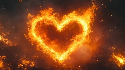 Fototapeta premium A central heart engulfed by a ring of swirling fire, flames flickering in vibrant orange and red tones, representing the burning energy of love and desire. Surrealism, Fire, Warm tones, Symbolism