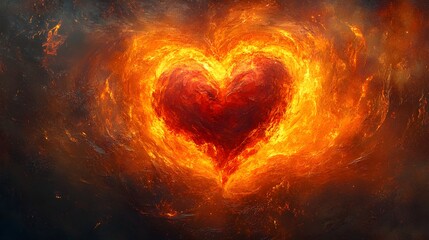 Fototapeta premium A central heart engulfed by a ring of swirling fire, flames flickering in vibrant orange and red tones, representing the burning energy of love and desire. Surrealism, Fire, Warm tones, Symbolism
