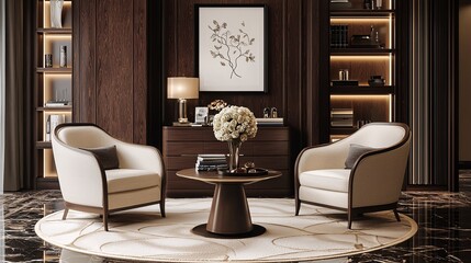A chic entryway adorned with contemporary furnishings and sleek decor, ideal for greeting visitors in a refined atmosphere.