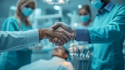 A double exposure graphic of a business handshake, overlaid with a dentist and assistant working on a patient, dental instruments in the background. Bright, clinical lighting, hd quality,