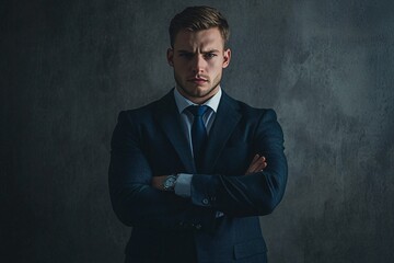 A self-assured figure in a tailored suit stands with arms crossed, exuding an air of superiority while surveying those around them.