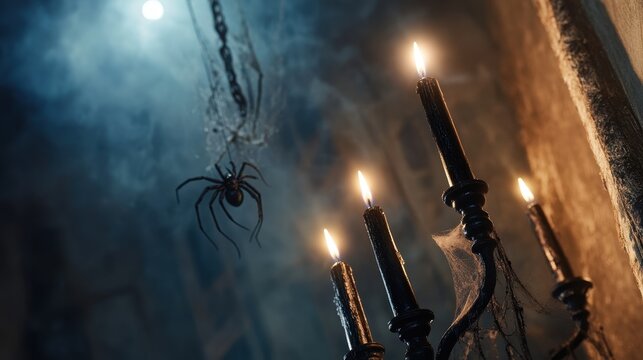 Eerie Gothic Candelabra with Black Candles in Dimly Lit Room Surrounded by Spiders and Webs - Powered by Adobe