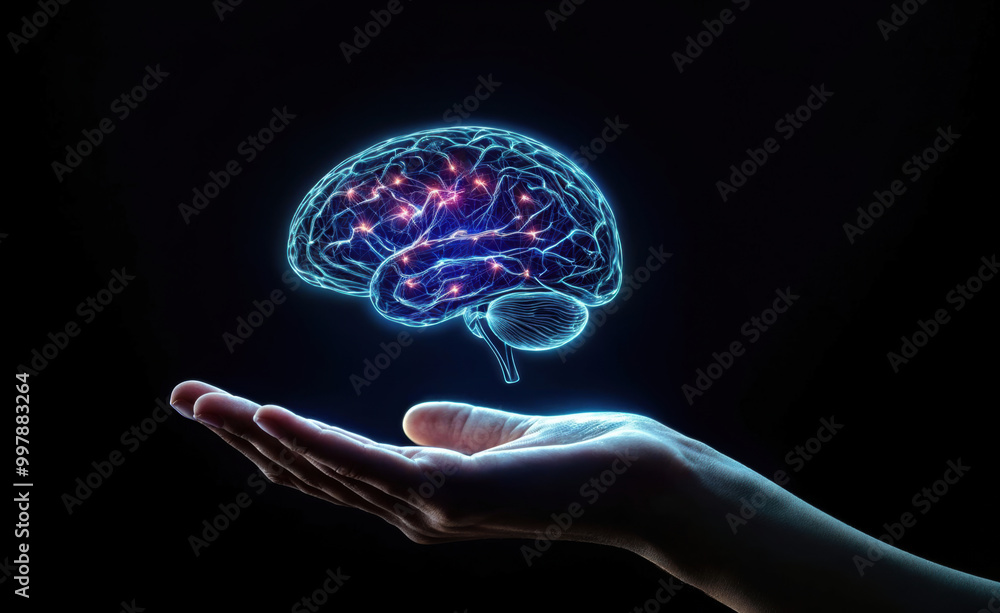 Poster hand holding glowing digital brain representing artificial intelligence