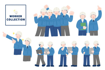 ヘルメット・スーツに作業服を着た複数の男性のフラットなイラスト(セット)
