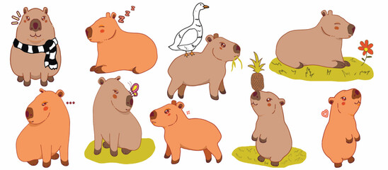 A set of illustrations of a cute cartoon capybara isolated on a white background. A big collection of stickers, icons, and postcard designs.