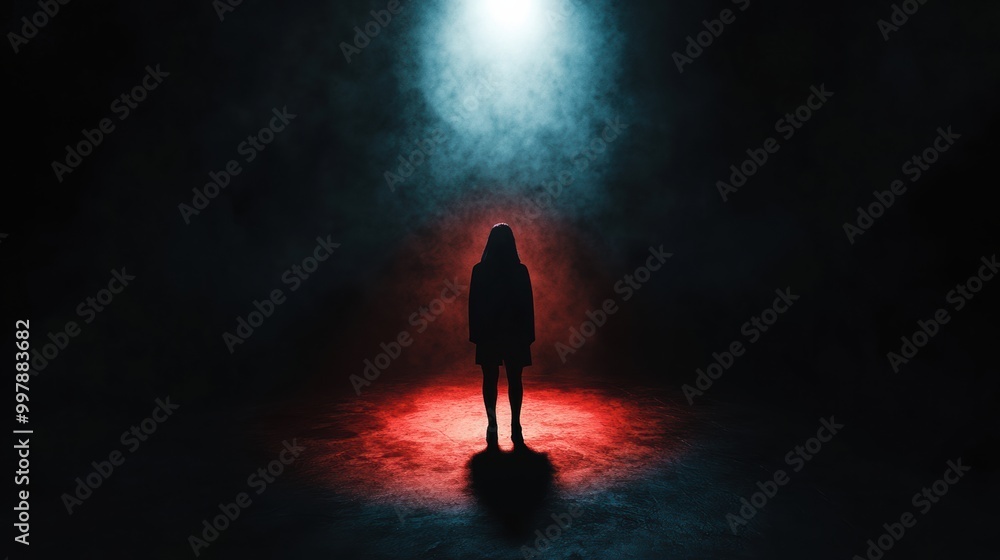 Poster in a dimly lit room, a solitary figure is illuminated by a harsh spotlight, creating a chilling atmo