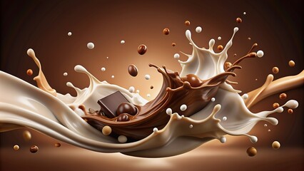 Milk and rich chocolate splashes erupt in mid-air, suspended on a warm brown background, with swirling cream waves and dynamic flying liquid droplets.