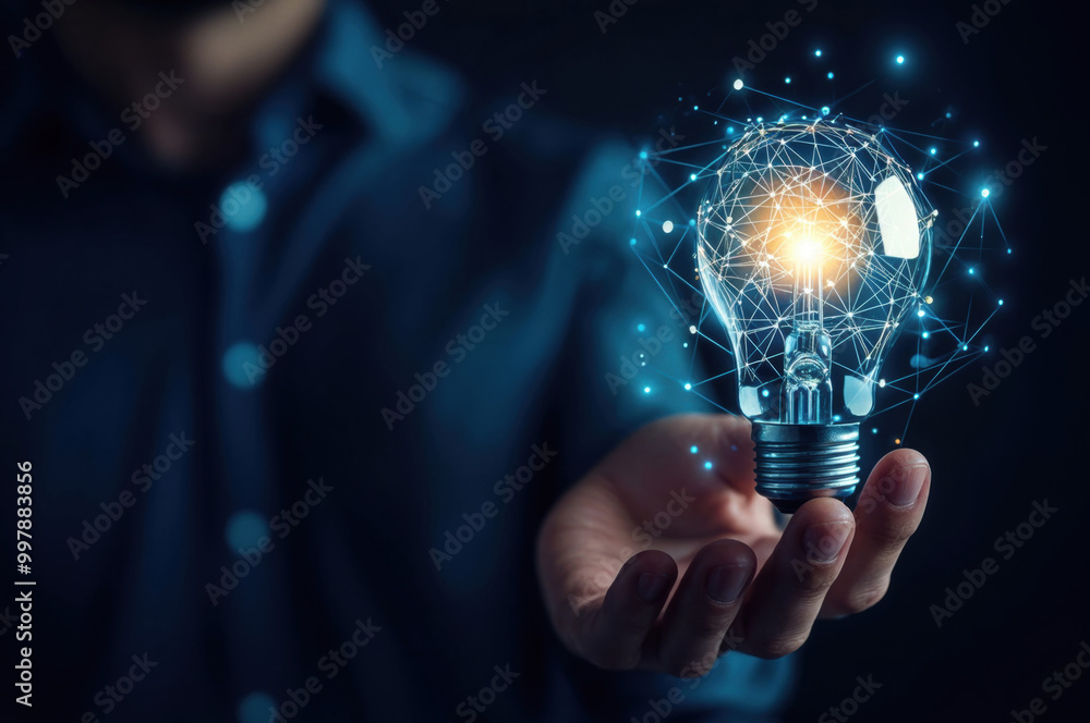 Poster businessman holding light bulb connected with network representing innovative idea