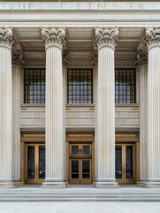 A majestic building features towering pillars and a grand facade, symbolizing the ideals of justice and power.