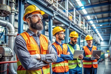 Two men in orange vests are looking at a tablet