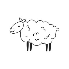 Lamb Doodle Illustration. Cute hand drawn sheep outline vector. Woolen product sign, childish adorable animal, wool symbol.