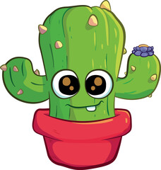 Illustration of an adorable cactus with big eyes in a red pot, perfect for children's products and cheerful decoration.