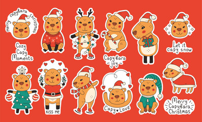 Capybara Christmas Stickers Set. Collection of Adorable Rodents with text and traditional Xmas symbols: Santa Hat Costume Tree Sweater Gift Box Garland Deer Antlers. Vector illustration
