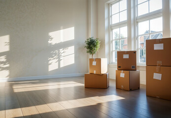 Sunlight shining on cardboard boxes in empty room