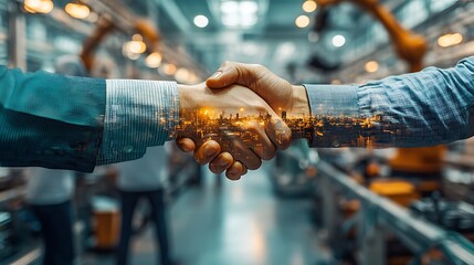 A double exposure graphic of a business handshake, overlaid with factory workers operating assembly lines, with machinery and robotic arms in the background. Cool industrial lighting, hd quality,