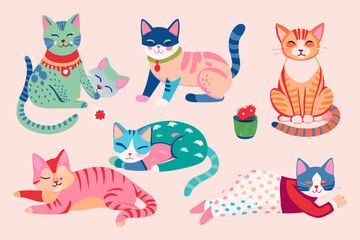 Colorful Vector Illustration of Playful Cartoon Cats in Various Poses