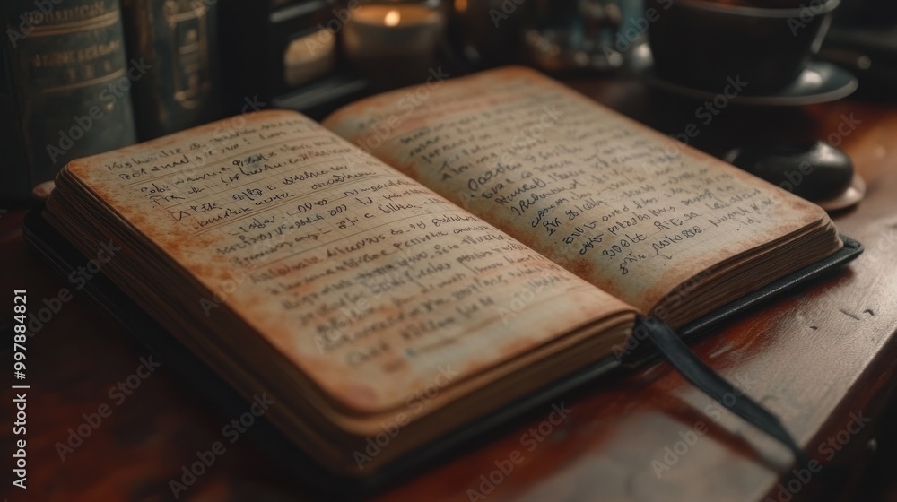 Poster an open, weathered notebook filled with handwritten notes.