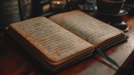 Obraz premium An open, weathered notebook filled with handwritten notes.