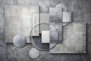 Eye Level minimalist abstract composition with overlapping circles rectangles monochrome tones concrete textured background