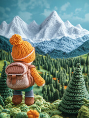 A young crochet boy with backpack hiking in a mountain