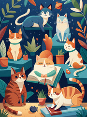 Cheerful Cartoon Cats Enjoying Indoor Plant Haven