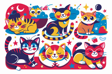 Fototapeta premium Colorful, Playful Cartoon Cats in Whimsical Poses