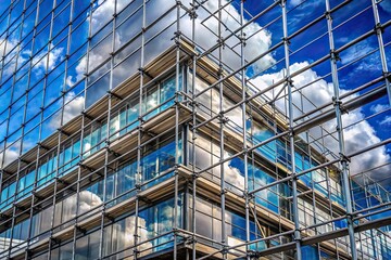Obraz premium Eye level mirror facade with scaffolding reflecting sky