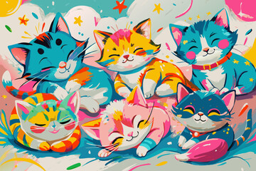 Obraz premium Colorful Cartoon Cats Celebration Illustration
