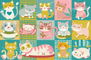 Colorful Assortment of Cute Cartoon Cats in Various Poses