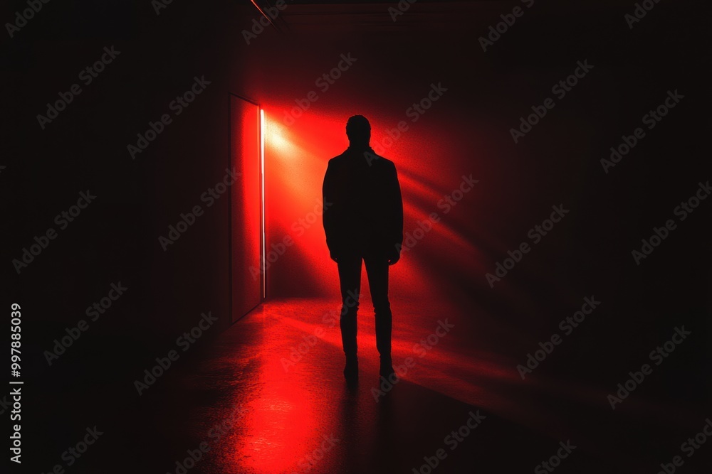 Poster A dark room features a solitary figure bathed in a spotlight, surrounded by deep red colors, creating an atmosphere of intense suspense. Generative AI
